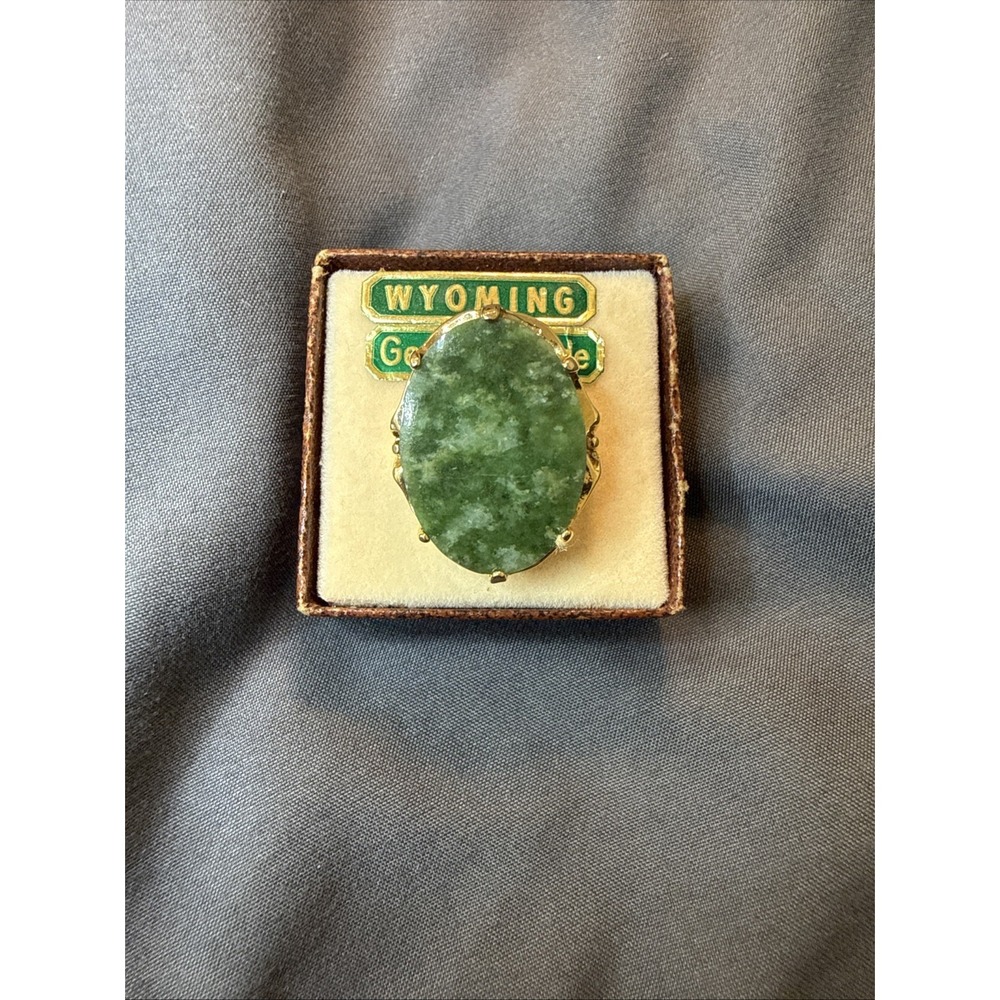 Wyoming Genuine Jade Vintage Statement Ring Size 5 Gold tone Band Gift For Mom